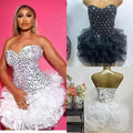 White strapless dress with ruffled layers worn by a model on a pink background, with a close-up of the dress on a mannequin.