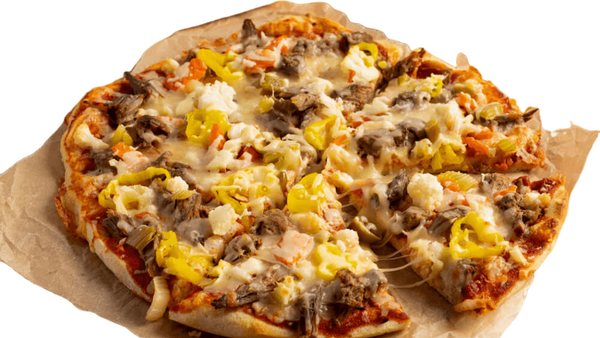 Personal-sized pizza with various toppings on a piece of brown paper. beef Pizza from Town Bakery