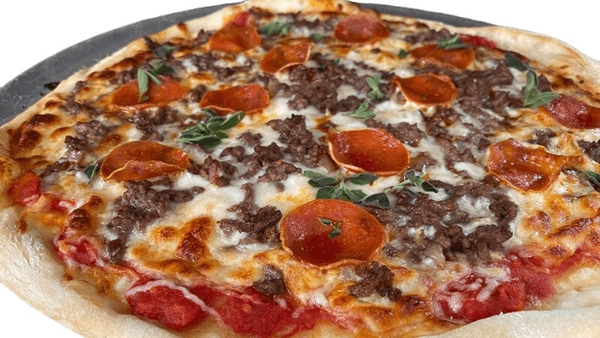 Pizza with pepperoni, sausage, and cheese on a white background. beef Pizza from Town Bakery 2