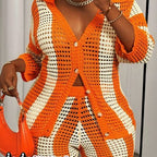 Person wearing an orange and white crochet outfit with a matching handbag.