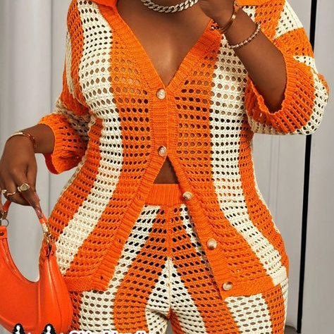 Person wearing an orange and white crochet outfit with a matching handbag.