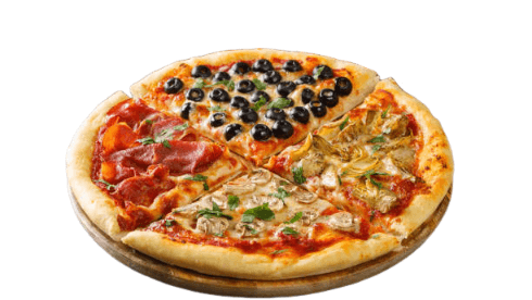 Pizza with various toppings on a wooden board against a white background. four seasons Pizza from Town Bakery 2