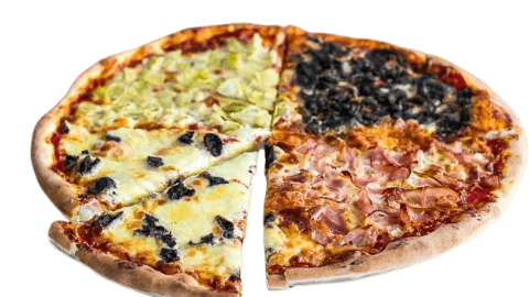 Two different pizzas side by side on a white background. four seasons pizza from Town Bakery