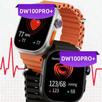 Smartwatch with orange and black bands displaying health metrics on a white background