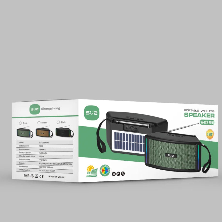 Box packaging of a portable wireless speaker with solar panel on a gray background