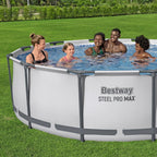 Group of people enjoying a Bestway Steel Pro Max pool outdoors.