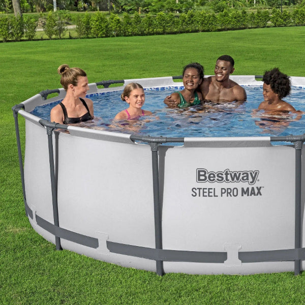 Group of people enjoying a Bestway Steel Pro Max pool outdoors.