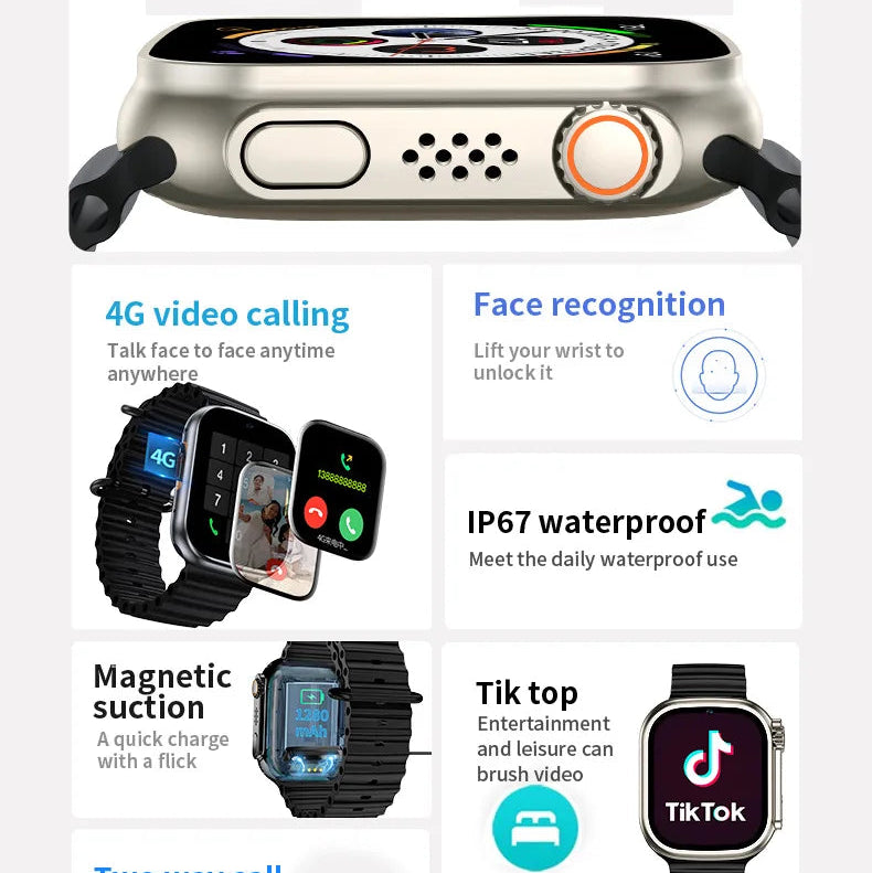 Smartwatch with features listed on a white background
