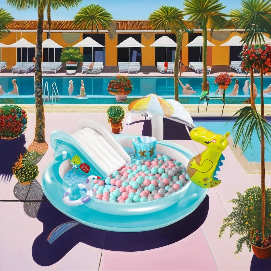 Inflatable pool with slide and ball pit in a pool area with palm trees and lounge chairs.