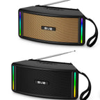 Two portable speakers with rainbow lights on a white background