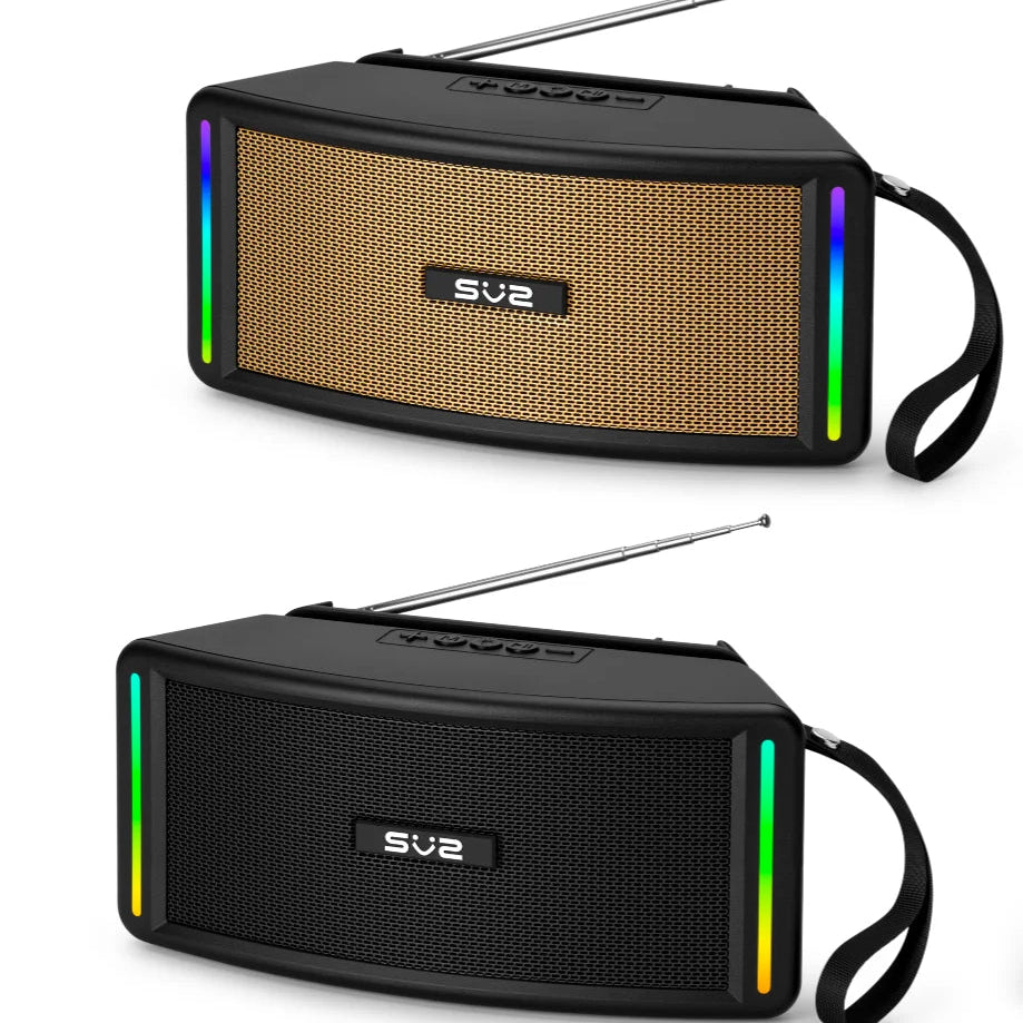 Two portable speakers with rainbow lights on a white background