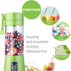 Green portable blender with images of its uses on a white background