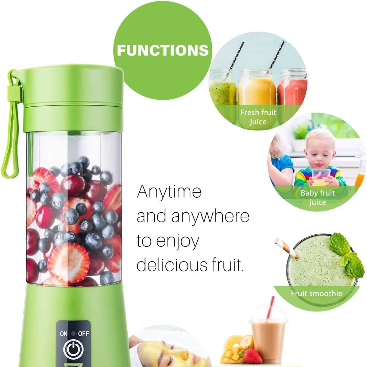Green portable blender with images of its uses on a white background