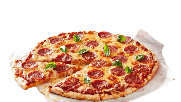 Pepperoni pizza with basil leaves on a white background. pepperoni pizza from Town Bakery