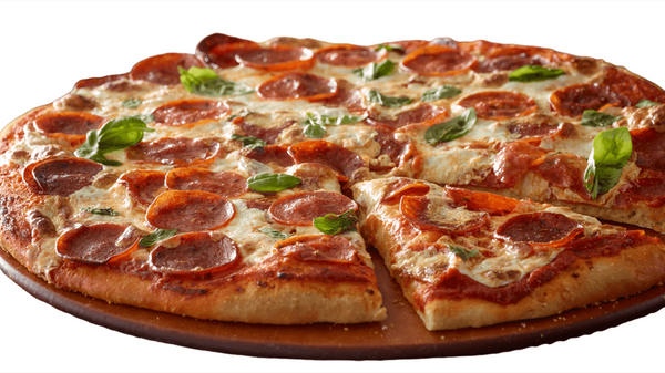 Pepperoni pizza with a slice cut out on a wooden board. pepperoni pizza from Town Bakery 2