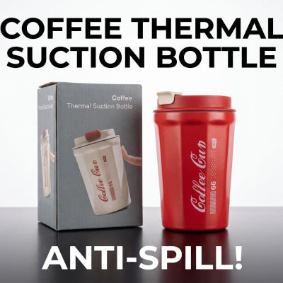 A red coffee thermal suction bottle with a white lid stands next to its gray product box on a dark reflective surface, with large text reading 'COFFEE THERMAL SUCTION BOTTLE' and 'ANTI-SPILL!' on a white-to-light-gray background.