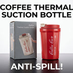 A red coffee thermal suction bottle with a white lid stands next to its gray product box on a dark reflective surface, with large text reading 'COFFEE THERMAL SUCTION BOTTLE' and 'ANTI-SPILL!' on a white-to-light-gray background.