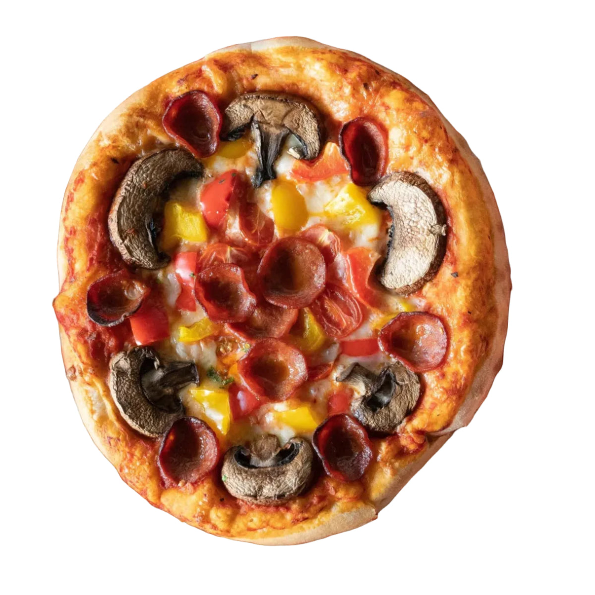 Assorted food items including a pizza with various toppings on a checkered paper, surrounded by other dishes.