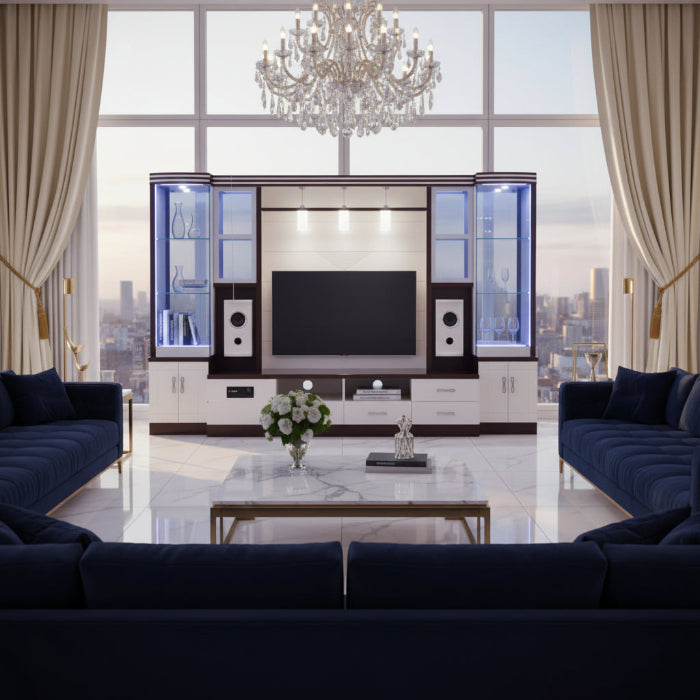Modern entertainment center with glass panels and lighting