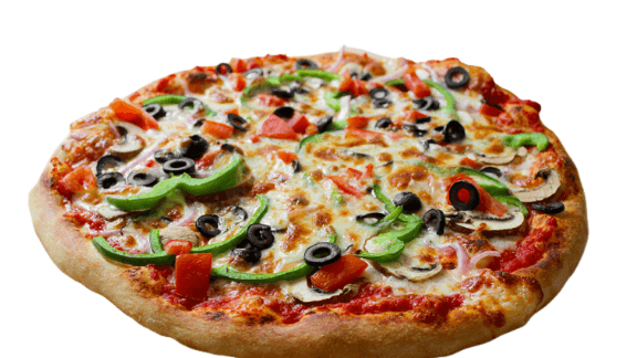 Pizza with various toppings including olives, bell peppers, and mushrooms on a white background. vegetarian pizza from Town Bakery