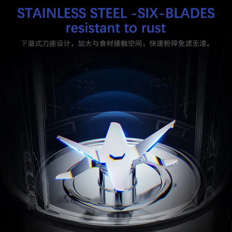 Stainless steel six-blade mixer attachment with text on a dark background